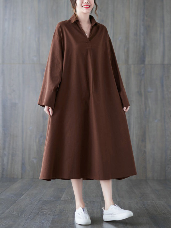 Buttoned Solid Color A-Line Long Sleeves Lapel Shirt Dress Midi Dresses