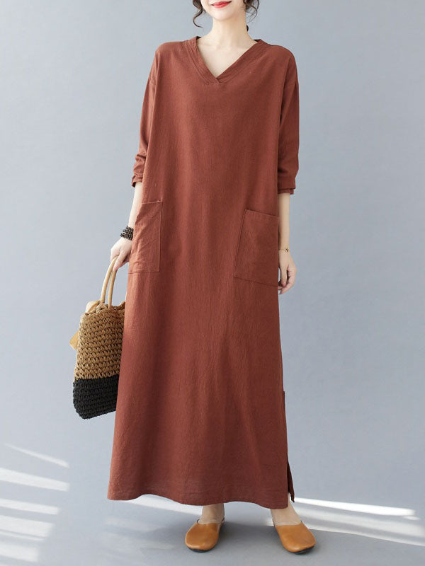 Pockets Solid Color Split-Side A-Line Long Sleeves V-Neck Maxi Dresses
