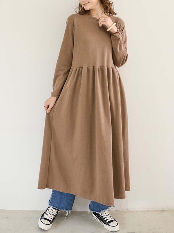 Casual Loose Long Sleeves Solid Color Round-Neck Midi Dresses