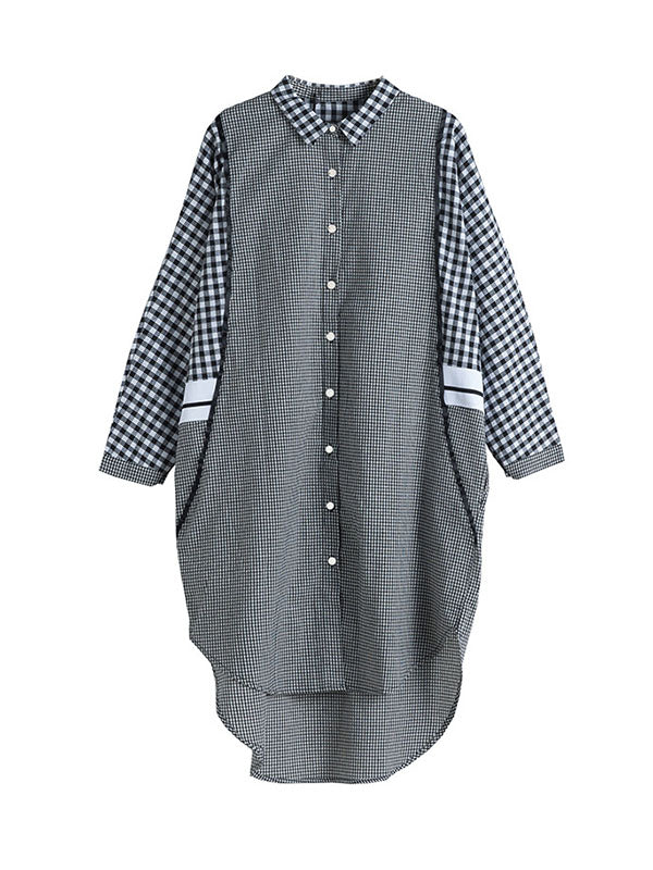 Buttoned Contrast Color Plaid Split-Joint High-Low Loose Lapel Shirt Dress Midi Dresses