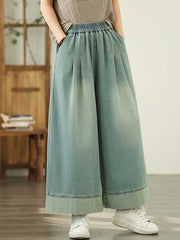 Elasticity Pleated Pockets Loose Wide Leg Trousers Jean Pants Bottoms