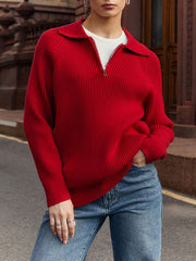 Solid Color Zipper Long Sleeves Loose Lapel Sweater Tops Pullovers