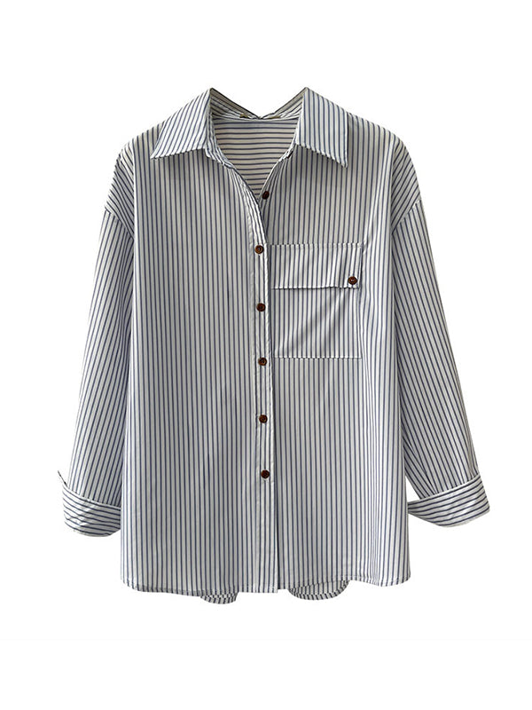 Buttoned Pockets Striped Long Sleeves Loose Lapel Blouses&Shirts Tops