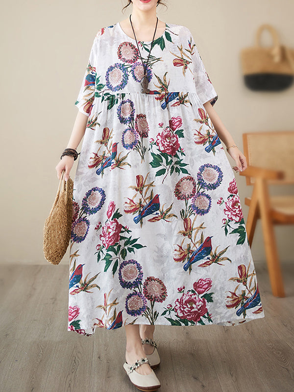 Pleated Split-Joint Batwing Sleeves Loose Round-Neck Midi Dresses