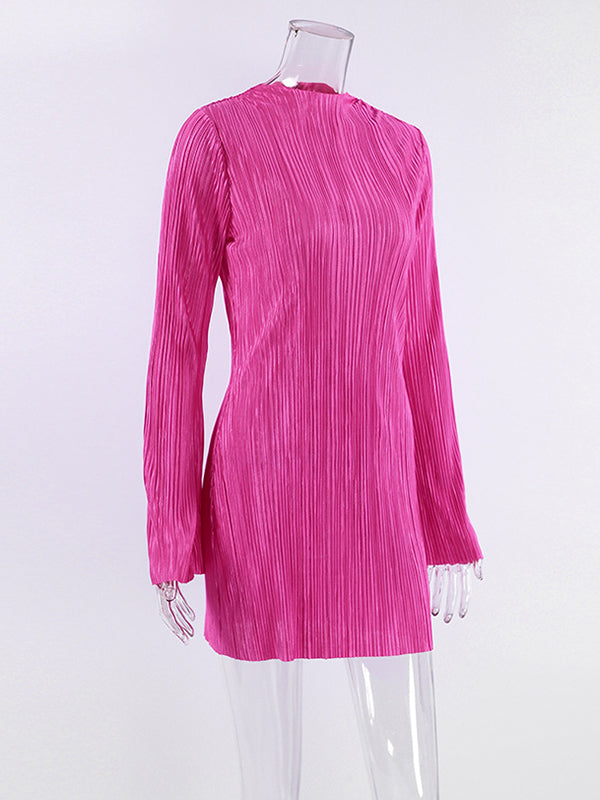 Pleated Solid Color Bodycon Flared Sleeves Mock Neck Mini Dresses