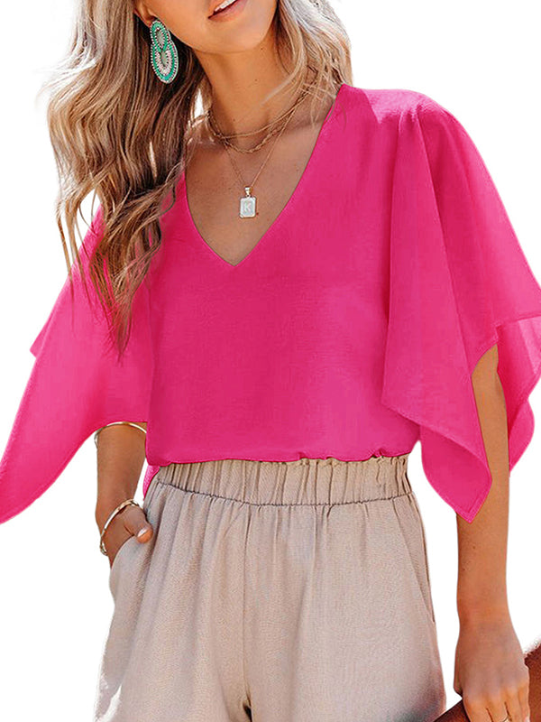 Falbala Solid Color Flared Sleeves V-Neck T-Shirts Tops