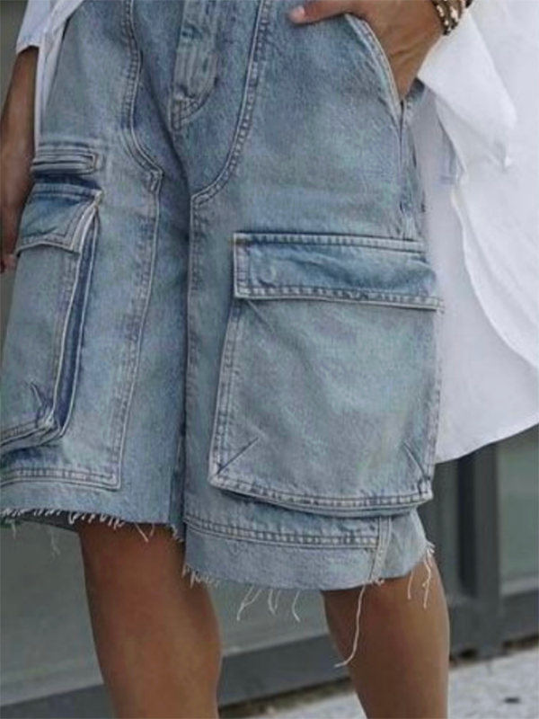 Buttoned Pockets Solid Color Zipper Loose Shorts Bottoms Denim Shorts