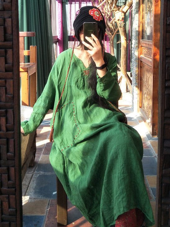 100% Linen Manual Embroidered Long Dress
