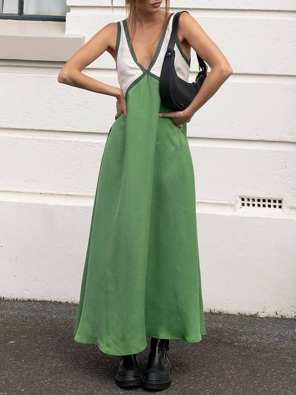 Contrast Color Split-Joint Loose Sleeveless Deep V-Neck Maxi Dresses