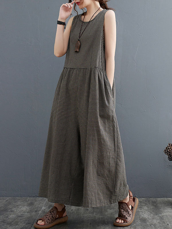 Plaid Split-Joint Loose Sleeveless Round-neck Jumpsuits