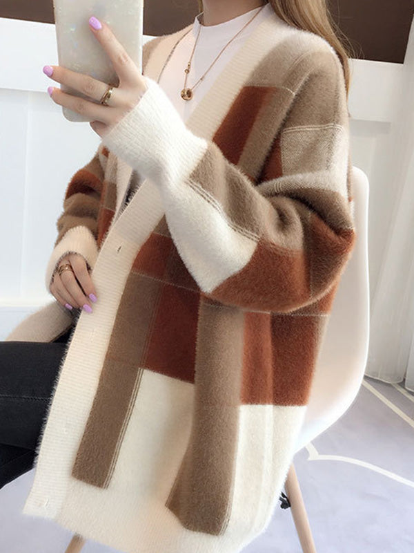 Casual Long Sleeves Loose Buttoned Contrast Color Plaid Deep V-Neck Sweater Tops Cardigan Coats