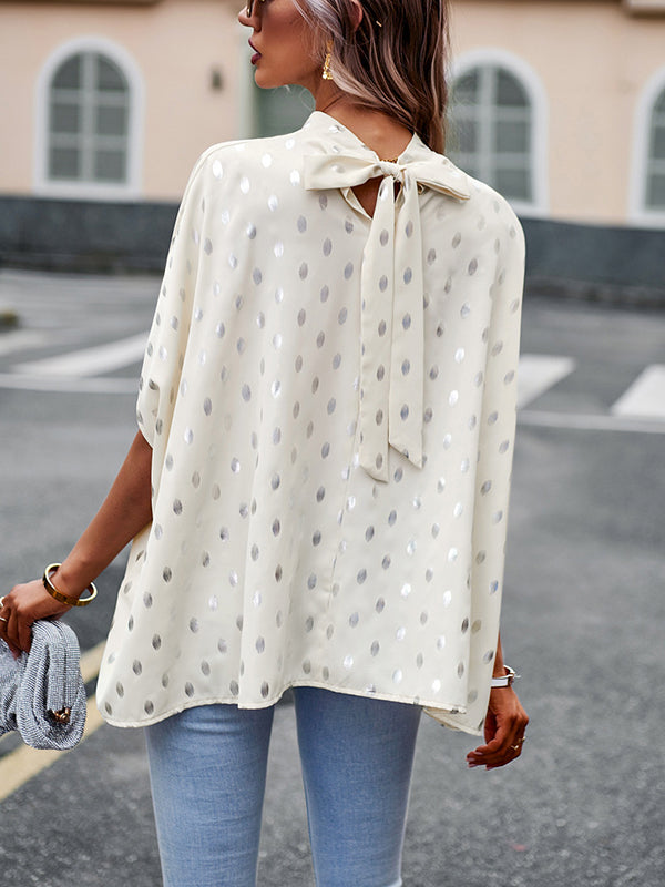 Bandage Polka Dot Loose Round-Neck Blouses&Shirts Tops