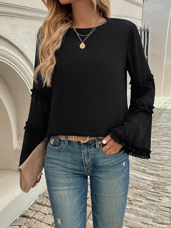 Solid Color Split-Joint Flared Sleeves Long Sleeves Round-Neck T-Shirts Tops