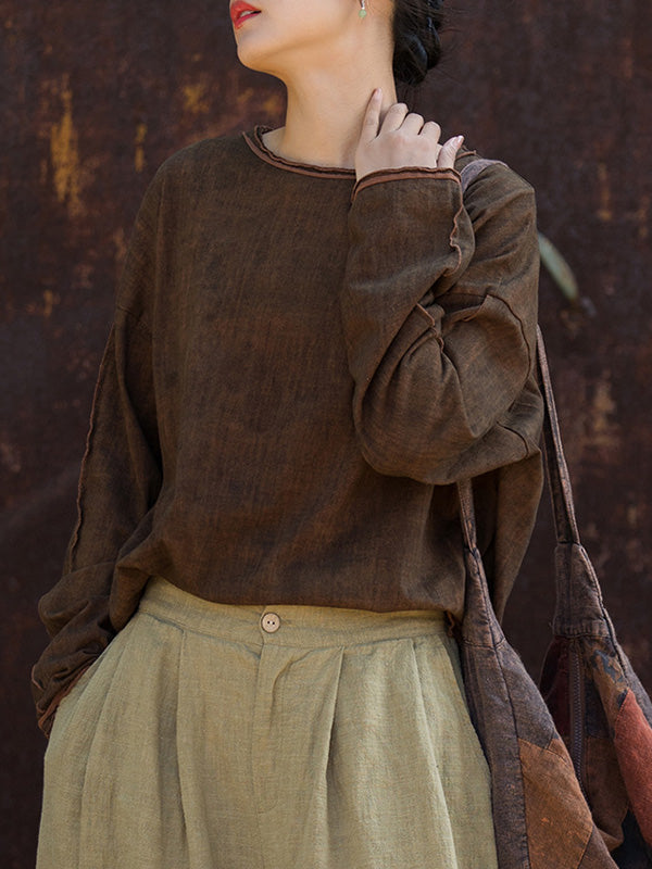 Solid Color Split-Joint Split-Side High-Low Long Sleeves Round-Neck T-Shirts