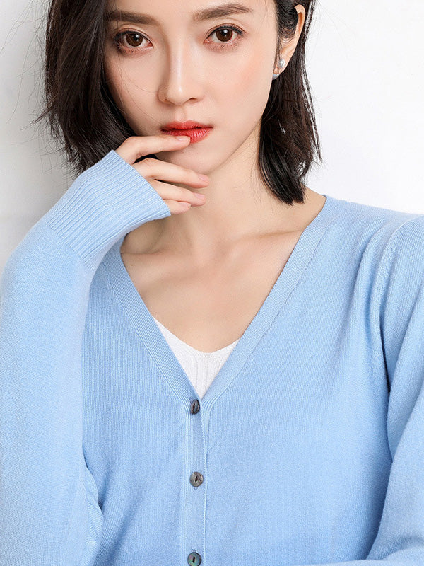 Stylish Simple 12 Colors V-Neck Single-Breasted Long Sleeve Knitwear