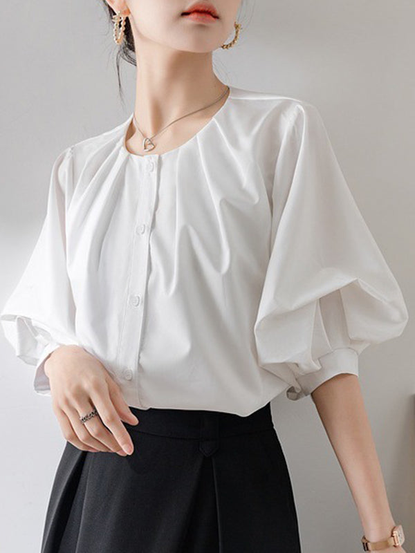 Buttoned Pleated Solid Color Half Sleeves Loose Round-Neck Blouses&Shirts Tops