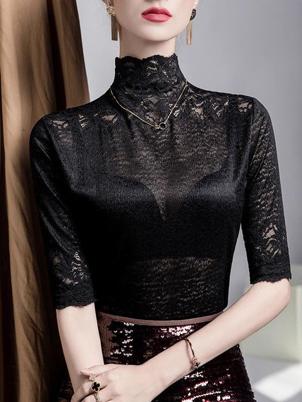 Slightly Sheer Split-Joint Textured False Two Half Sleeves High Neck T-Shirts Tops
