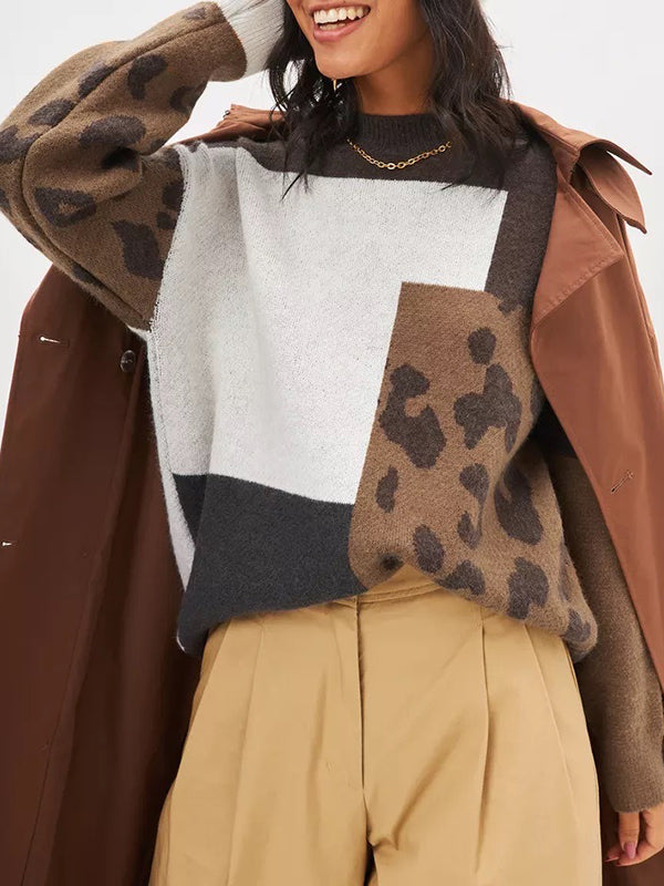 Contrast Color Leopard Split-Joint Long Sleeves Loose Round-Neck Sweater Tops Pullovers