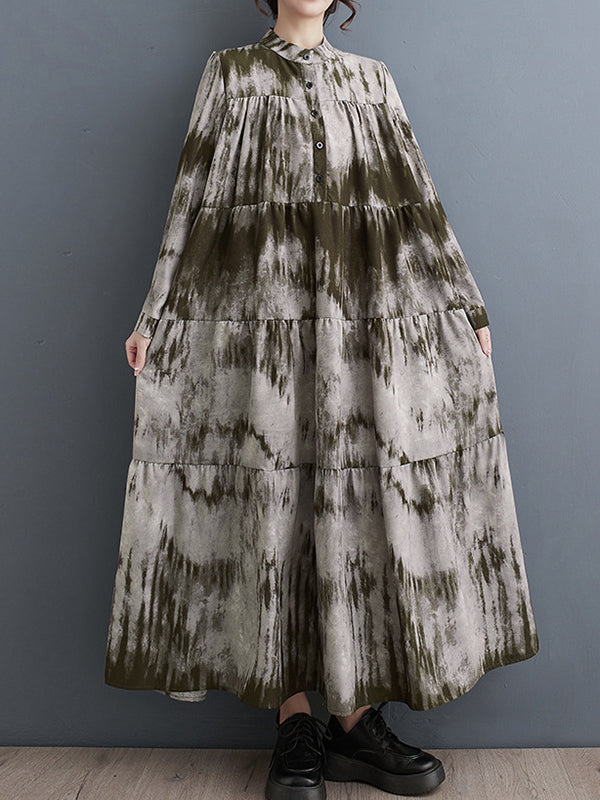Pleated Split-Joint Tie-dyed Long Sleeves Loose Stand Collar Midi Dresses