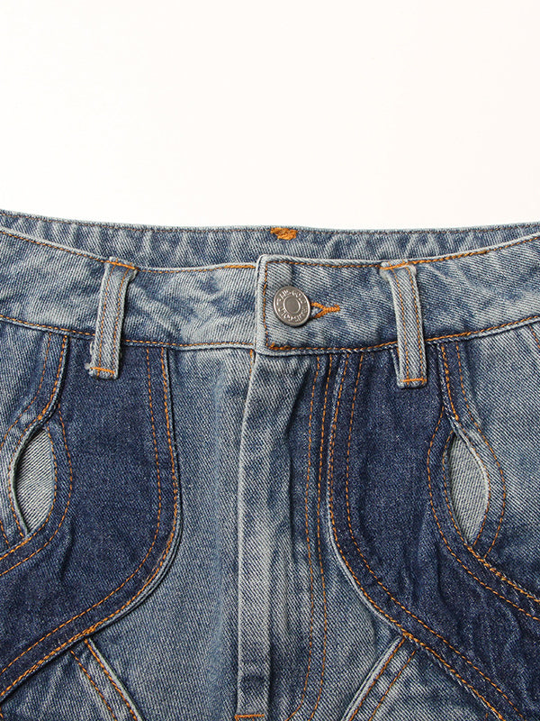 Flower Shape Hollow High Waisted Straight Leg Jean Pants Bottoms