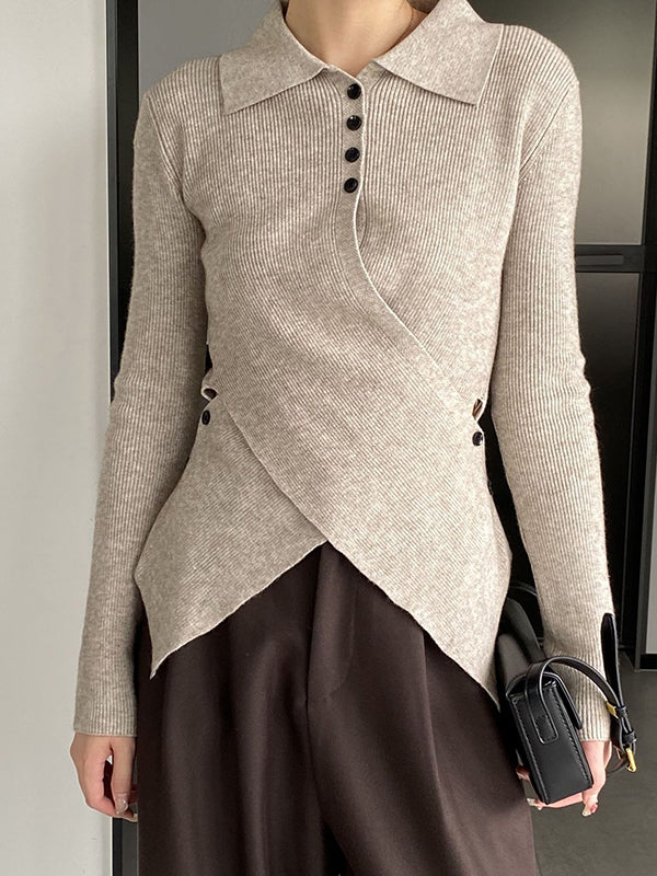 Asymmetric Buttoned Hollow Long Sleeves Skinny Lapel Sweater Pullovers Knitwear