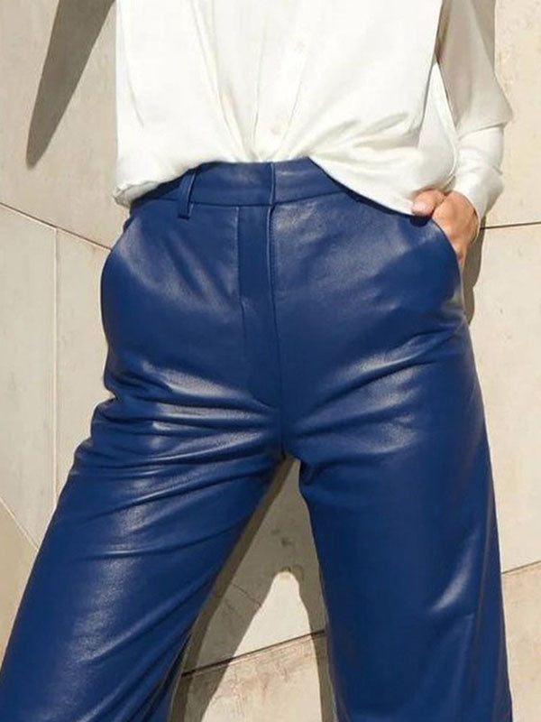 High-Waisted Solid Color Split-Joint Skinny Leg Straight Leg PU Trousers Pants