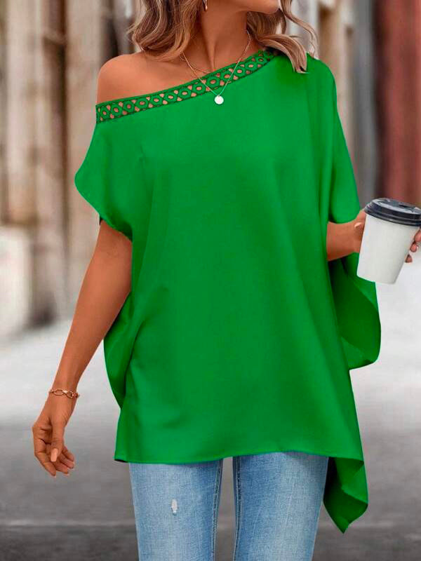 Batwing Sleeves Asymmetric Hollow Solid Color One-Shoulder Blouses&Shirts Tops