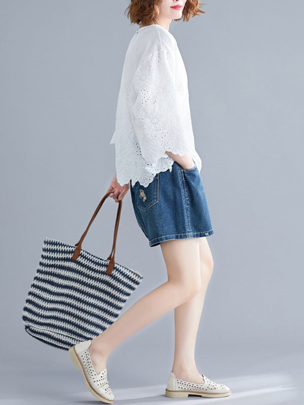 Hollow Print Loose Three-quarter Sleeves Round-neck Blouses&shirts Tops