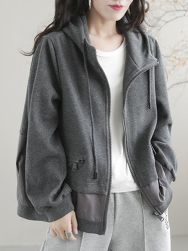 Artistic Retro Loose Long Sleeves Solid Color Zipper Hooded Outerwear