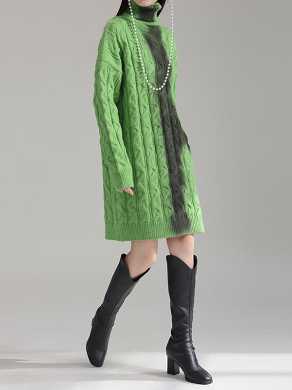 Contrast Color Long Sleeves Loose High Neck Sweater Dresses Mini Dresses