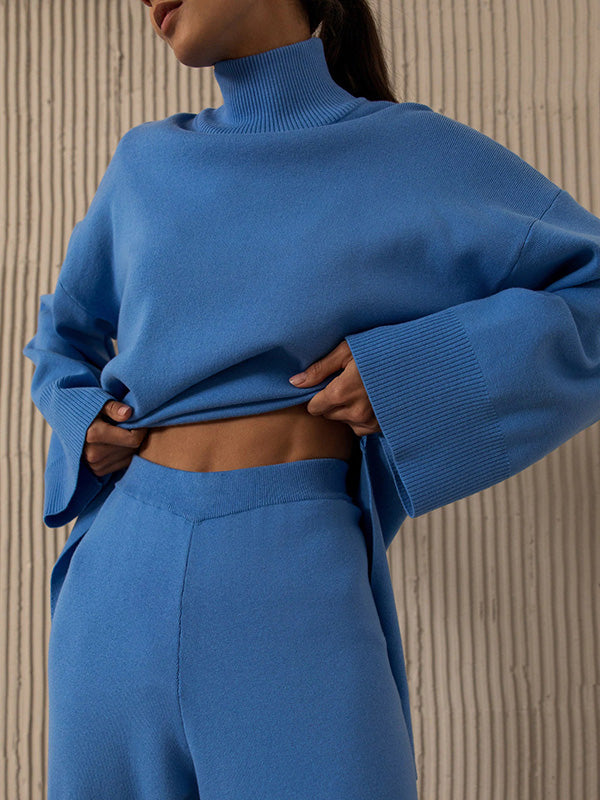 Casual Solid Color Irregularity High-Neck Sweater& Wide Leg Pants Suits
