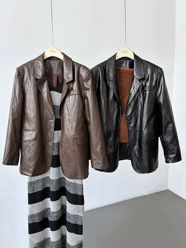 Buttoned Pockets Solid Color Long Sleeves Loose Notched Collar Outerwear