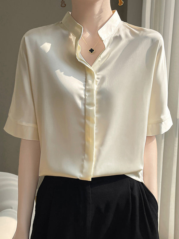 Buttoned Solid Color Loose Short Sleeves Stand Collar Blouses&Shirts Tops