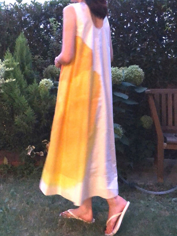 Flower Print Pockets A-line Loose Round-neck Midi Dresses