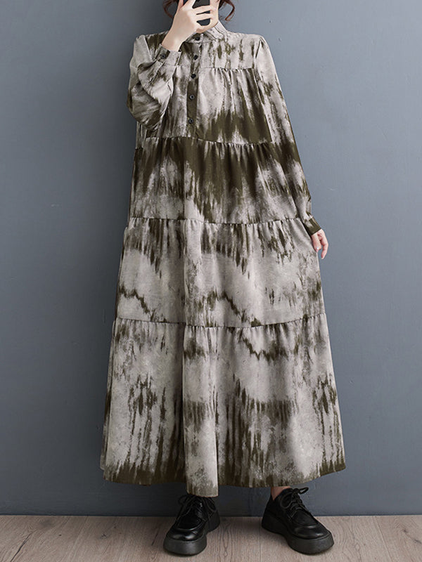 Pleated Split-Joint Tie-dyed Long Sleeves Loose Stand Collar Midi Dresses