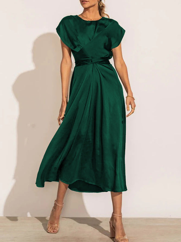 Solid Color Split-Joint Tied Waist Loose Short Sleeves Round-neck Midi Dresses