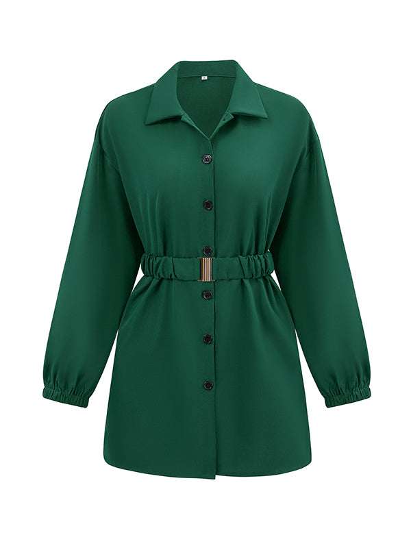 Belted Solid Color Loose Lapel Shirts Tops Blouses&shirts Tops