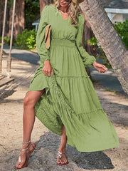 Elasticity Solid Color Split-Joint A-Line Long Sleeves V-Neck Maxi Dresses