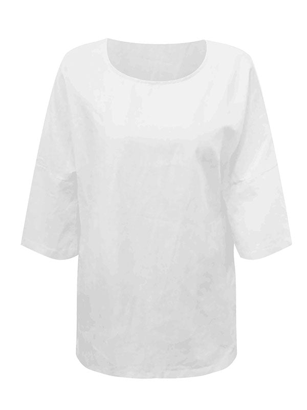 Solid Color Split-Joint Split-Side Linen Three-Quarter Sleeves Round-Neck T-Shirts Tops