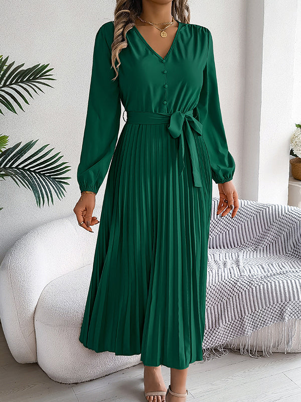 Belted Buttoned Pleated Solid Color High Waisted Long Sleeves V-Neck Maxi Dresses