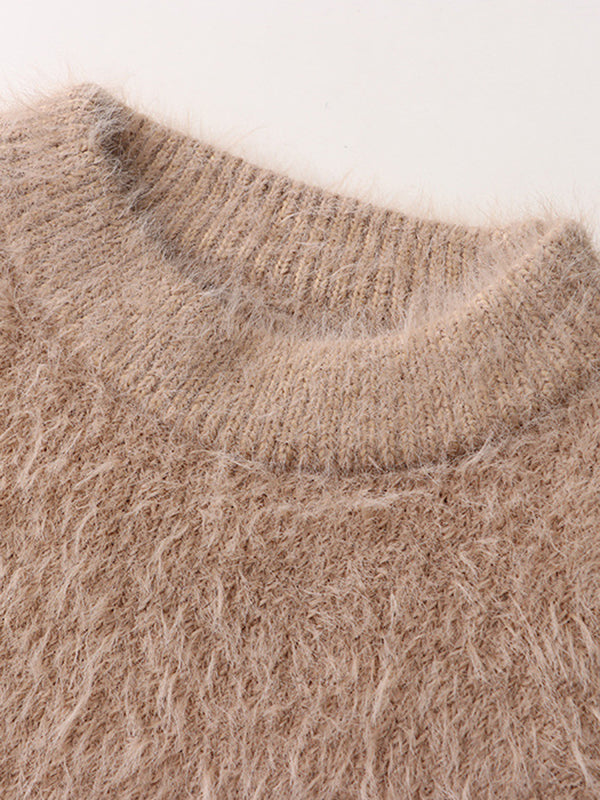 Simple Loose Long Sleeves Solid Color Round-Neck Sweater Tops
