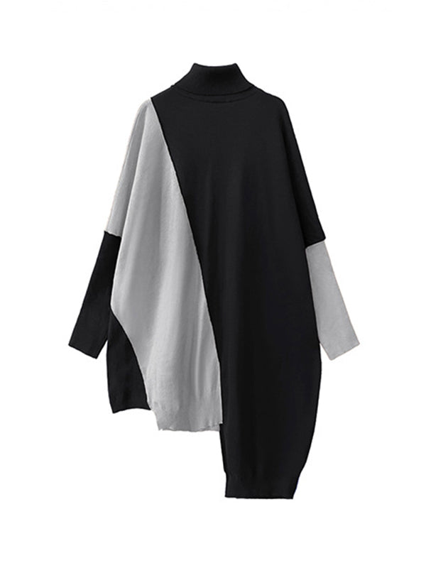 Asymmetric Contrast Color Split-Joint Batwing Sleeves Hipster High-neck Sweater Dresses Midi Dresses