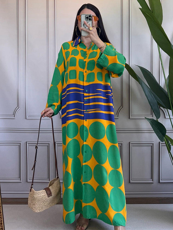 Buttoned Printed Long Sleeves Loose Lapel Shirt Dress Maxi Dresses