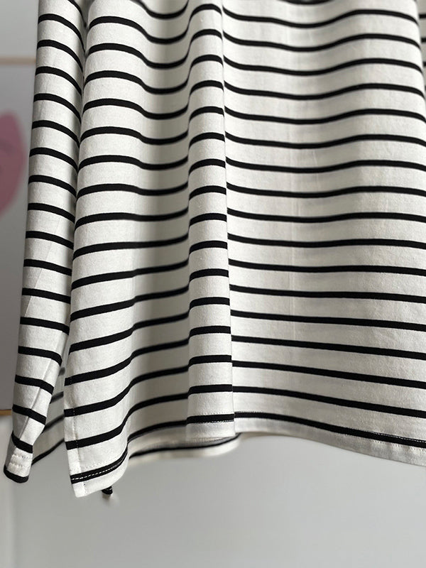 Split-Joint Split-Side Striped Long Sleeves Loose Round-Neck T-Shirts