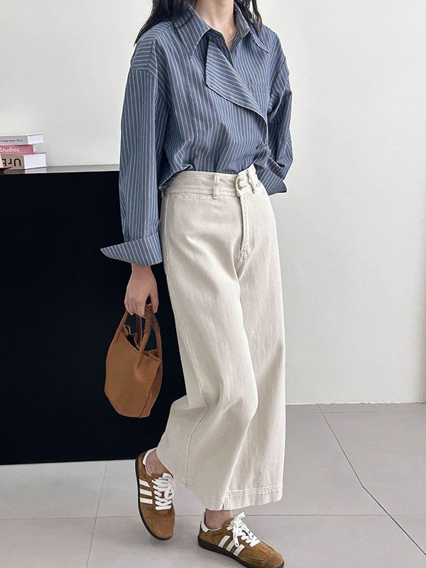 Asymmetric Split-Joint Striped Long Sleeves Loose Lapel Blouses