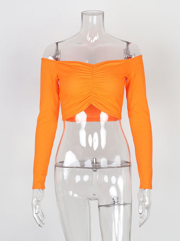 Solid Color Long Sleeves Skinny Off-The-Shoulder T-Shirts Tops