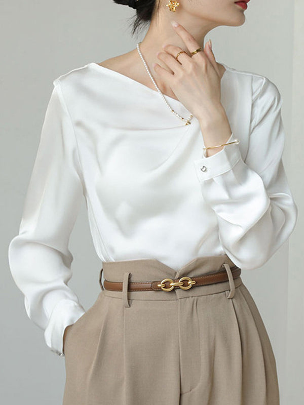 Asymmetric Pleated Solid Color Split-Joint Long Sleeves Loose V-Neck Blouses&Shirts Tops