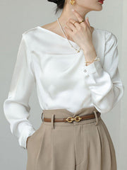 Asymmetric Pleated Solid Color Split-Joint Long Sleeves Loose V-Neck Blouses&Shirts Tops