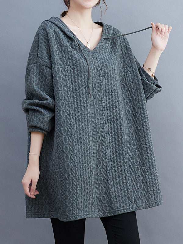 Drawstring Jacquard Solid Color Split-Joint Hooded Long Sleeves Hoodies Tops