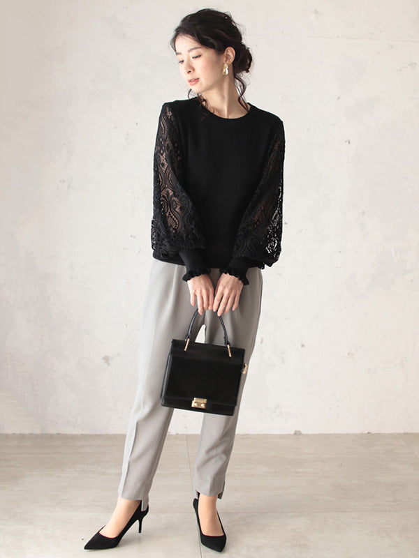 Original Loose Hollow Lace Round-Neck Long Puff Sleeves Sweater Pullovers